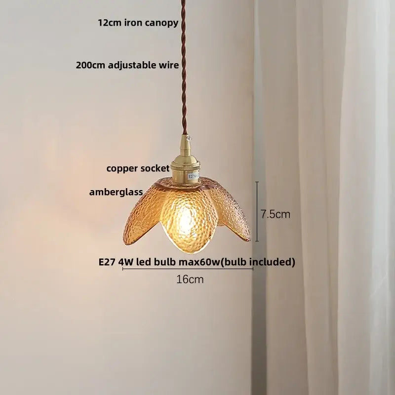 Hammered amber glass led pendant light with textured petal design and brass copper socket for kitchen hanging lamp