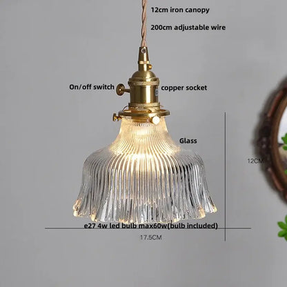 Vintage-style pendant light with clear ribbed glass shade and brass finish in hammered amber glass led kitchen hanging lamp