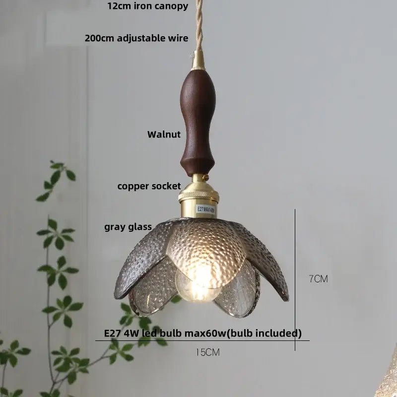 Vintage-style pendant light with dark walnut wooden handle and gray glass petals, perfect as amber glass led kitchen lamp