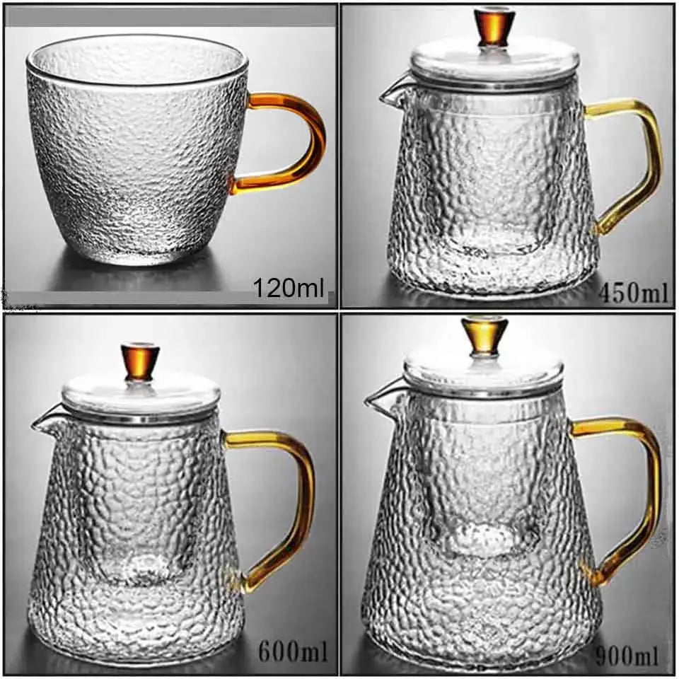 Clear hammered borosilicate glass teapots with amber handles and lids in 120ml to 900ml sizes for kitchen use
