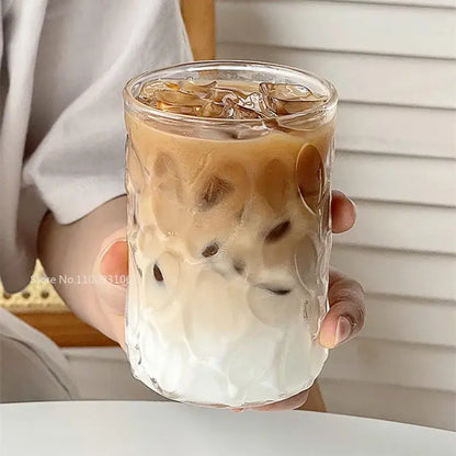 Hammered clear glass cafe coffee cup tumbler filled with iced coffee decorbites glass cafe beverage container