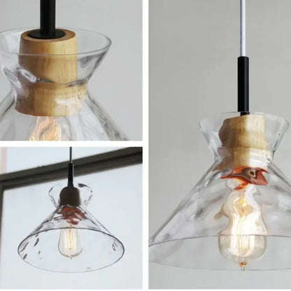 Clear glass pendant light with wooden collar and exposed filament bulb for kitchen decorbites clear glass decor