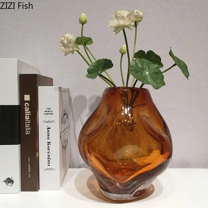 Hand blown amber glass vase with a glossy finish featuring unique shape for artificial flower desk decorbites amber glass