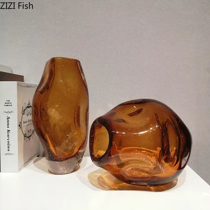 Two hand blown amber glass vases with smooth glossy finish and organic contours for artificial flower desk decorbites amber glass