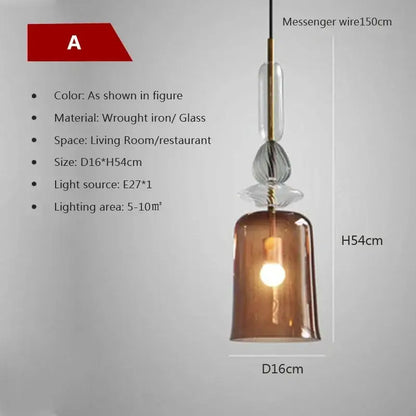Warm amber hand-blown candy glass chandelier pendant light with wrought iron fixture and bell-shaped shade for dining room decorbites pendant light