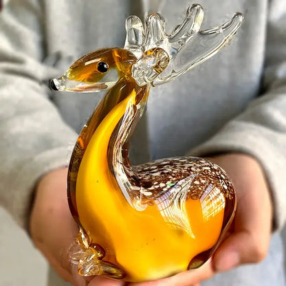 Hand blown glass sika deer figurine in amber with clear antlers and speckled brown pattern for living room decor