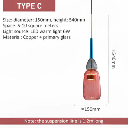 A pink textured glass pendant light with copper and primary glass design for kitchen accent lighting