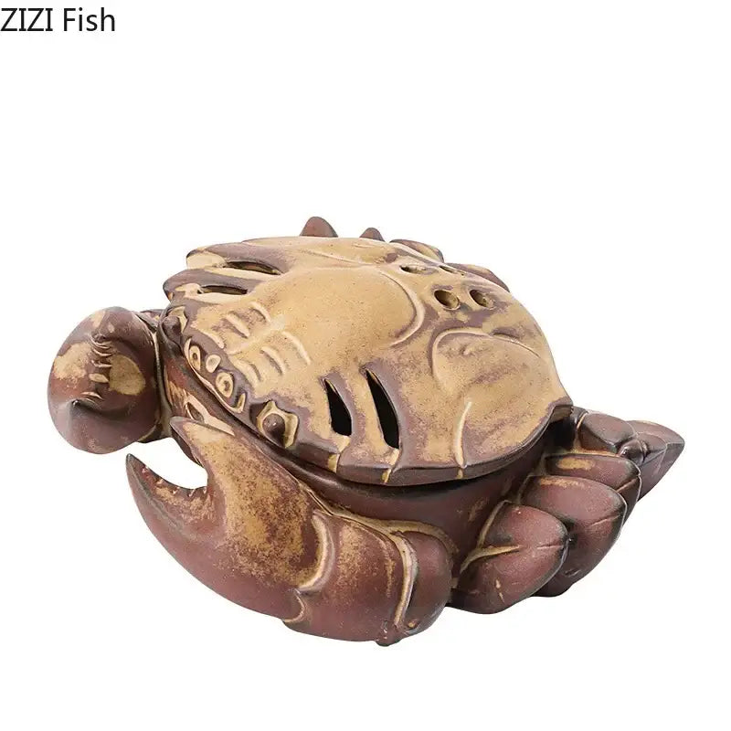 Antique bronze-colored hand carved brown crab ceramic incense burner with detailed carvings and ventilation holes for decorbites crab ceramic use