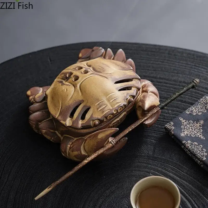 Hand carved brown crab ceramic incense burner with matte glaze and detailed claws for living room decorbites crab ceramic use