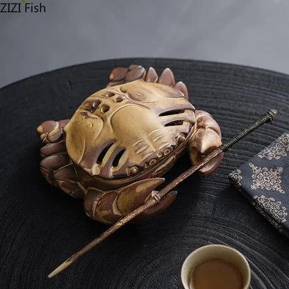 Hand carved brown crab ceramic incense burner with matte glaze and detailed claws for living room decorbites crab ceramic use