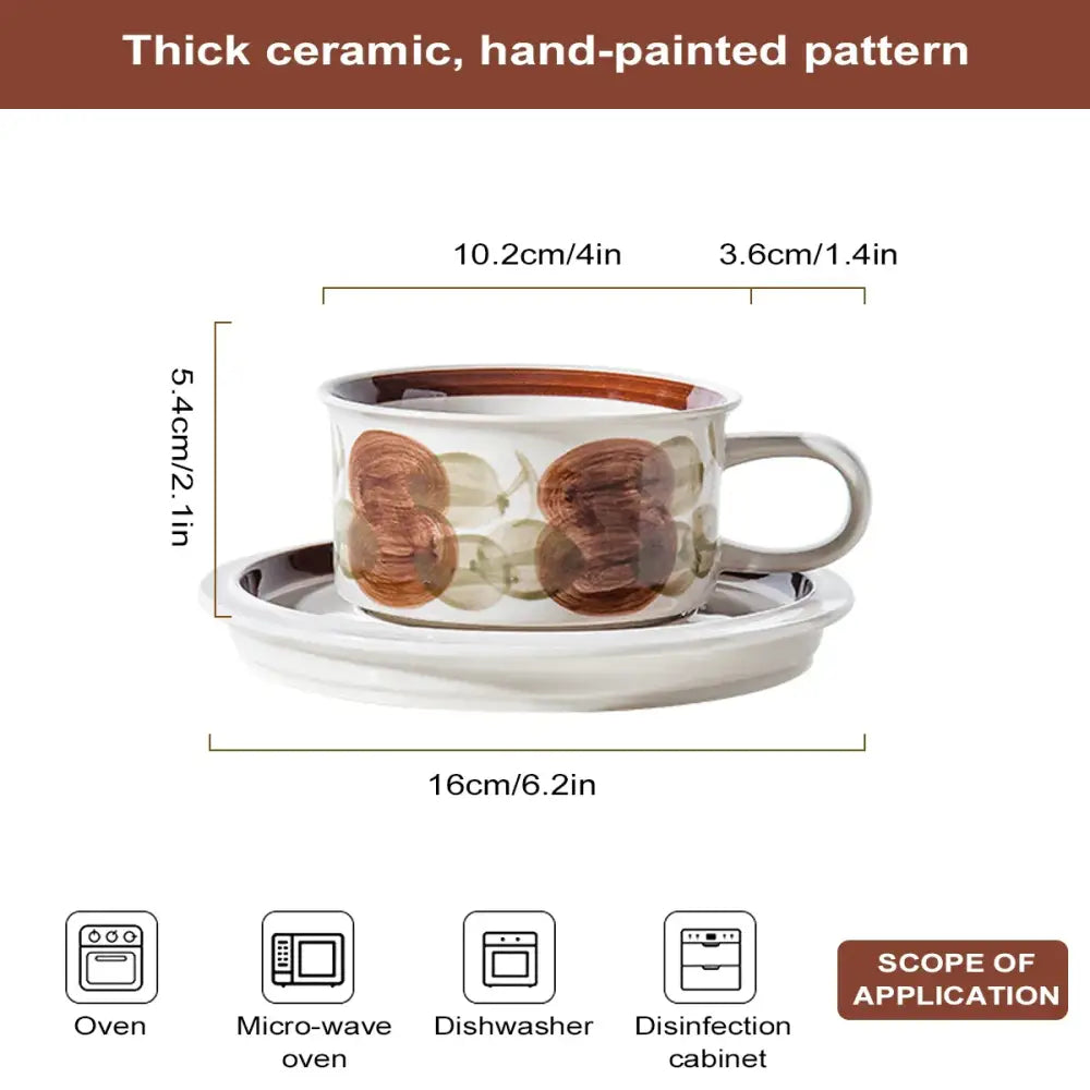 A white ceramic espresso cup with hand-painted brown circular motifs resting on a matching saucer dining room set