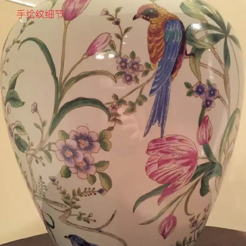 Hand-painted coral flower bird ceramic table lamp with vibrant bird and pink purple flowers for living room decorbites coral flower