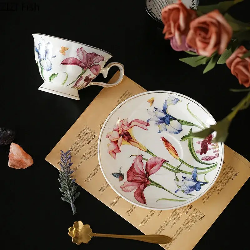 White ceramic hand painted iris flower porcelain tea cup and saucer with vibrant decorbites iris flower design