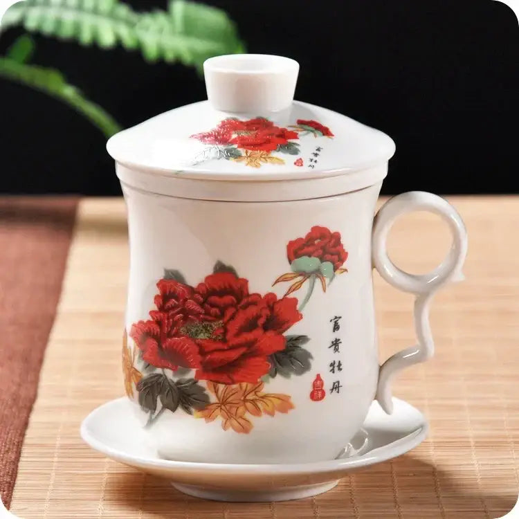 Hand painted lotus white porcelain tea cup with filter featuring red peony flowers for dining room use