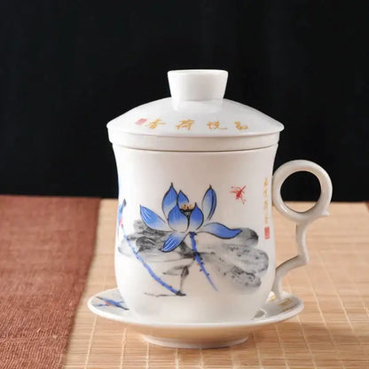 Hand painted lotus white porcelain tea cup with filter featuring blue lotus flowers and gold calligraphy on lid and saucer