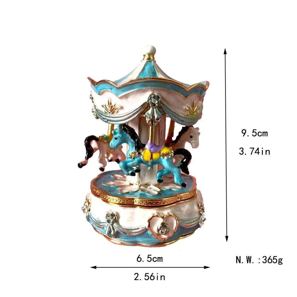 Delicate hand painted blue and white carousel horse trinket box with gold accents featuring miniature horses in motion