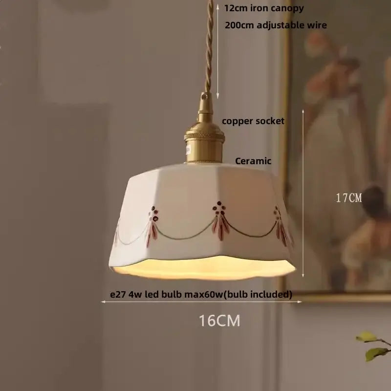 Hand painted cream ceramic copper pendant light with delicate brown floral embroidery for kitchen decorbites ceramic copper pendant