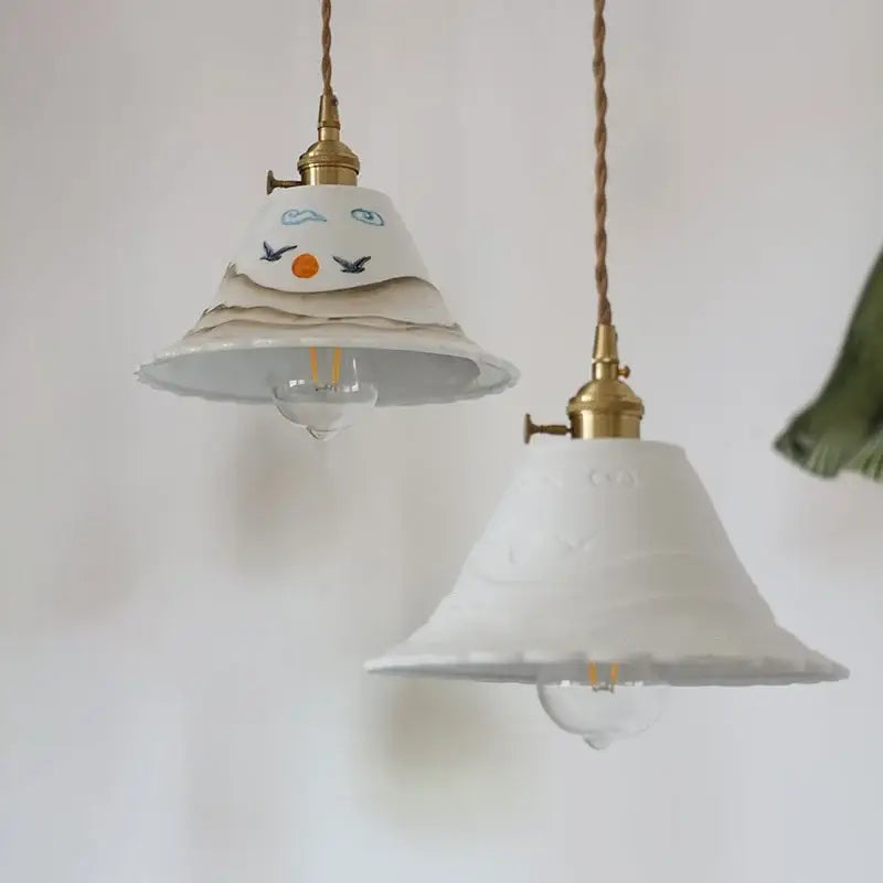 Hand painted white ceramic copper pendant light with brass fixtures and facial expressions for kitchen decorbites ceramic copper