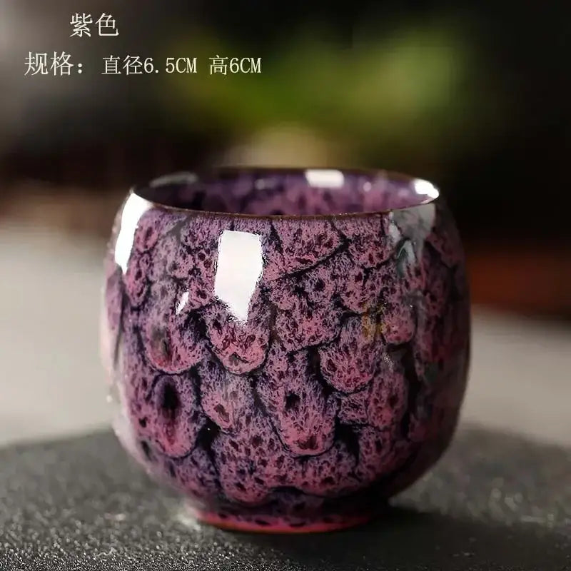 A glossy purple ceramic kung fu tea cup set with handcrafted crackle glaze and textured scale-like pattern for drinkware