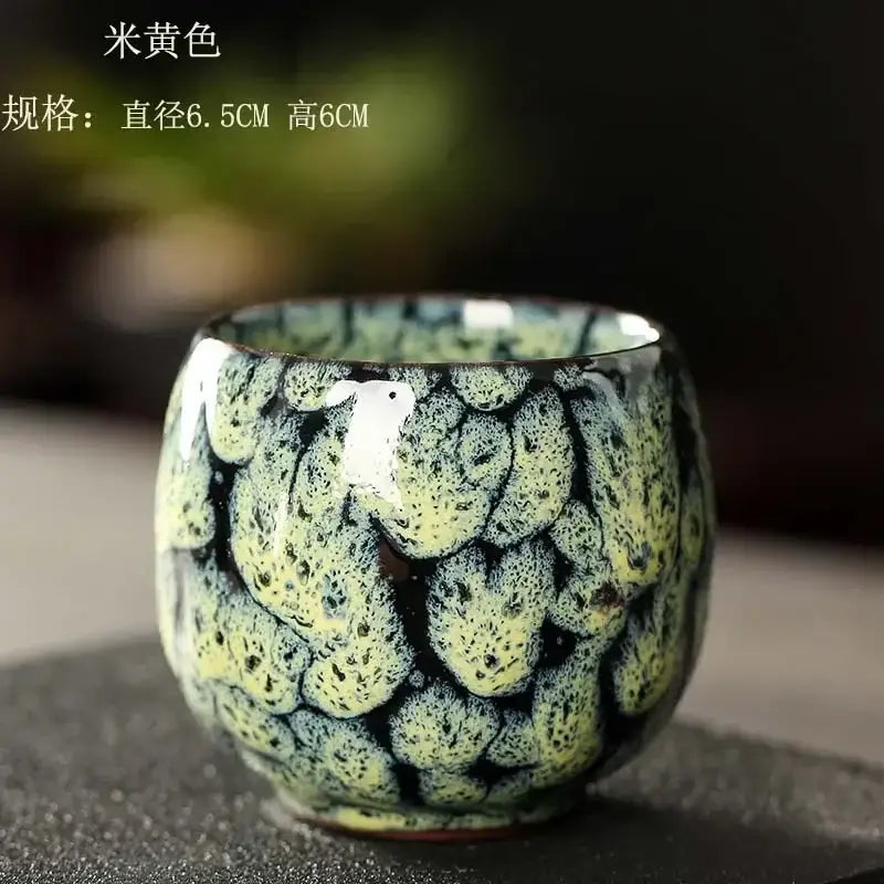 A handcrafted ceramic kung fu tea cup set with glossy yellow and dark green crackle glaze for dining room decorbites tea