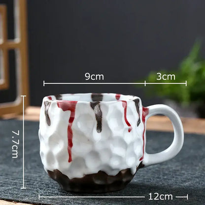 Handcrafted white ceramic hammer pattern porcelain mugs set of 2 with textured surface and red brown decorative drips