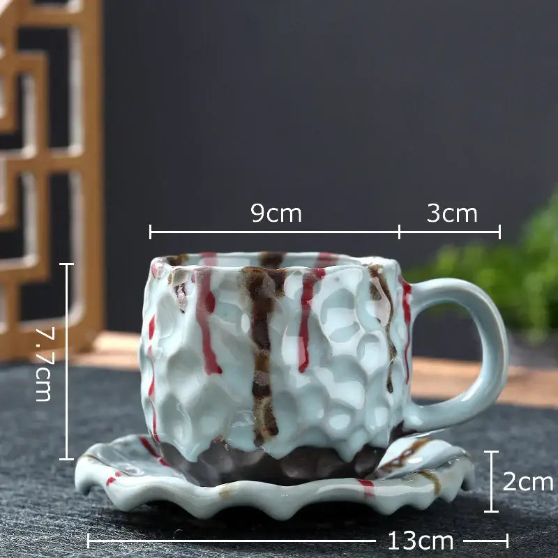 Handcrafted light blue hammer pattern porcelain mugs with red brown drips and matching saucers kitchen set of 2