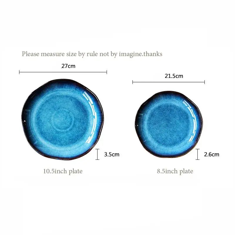 Two handcrafted deep blue ceramic dessert plates with gradient glaze and concentric patterns by decorbites deep blue