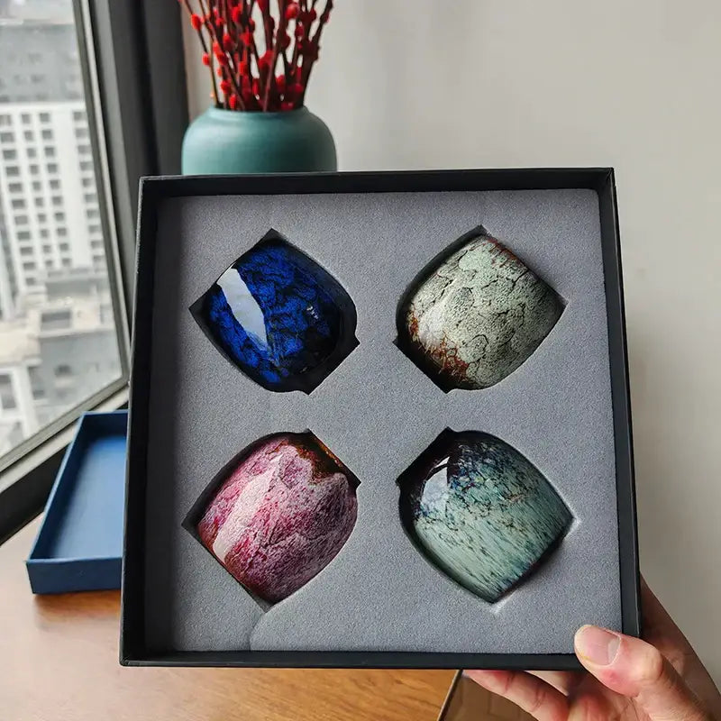 Handcrafted multi color ceramic cups set with unique blue green red and gray glazes for dining room decorbites ceramic cups