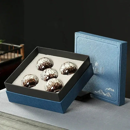 Handcrafted decorbites ceramic cups set of five dark brown glossy spheres with speckled white glaze in blue gift box