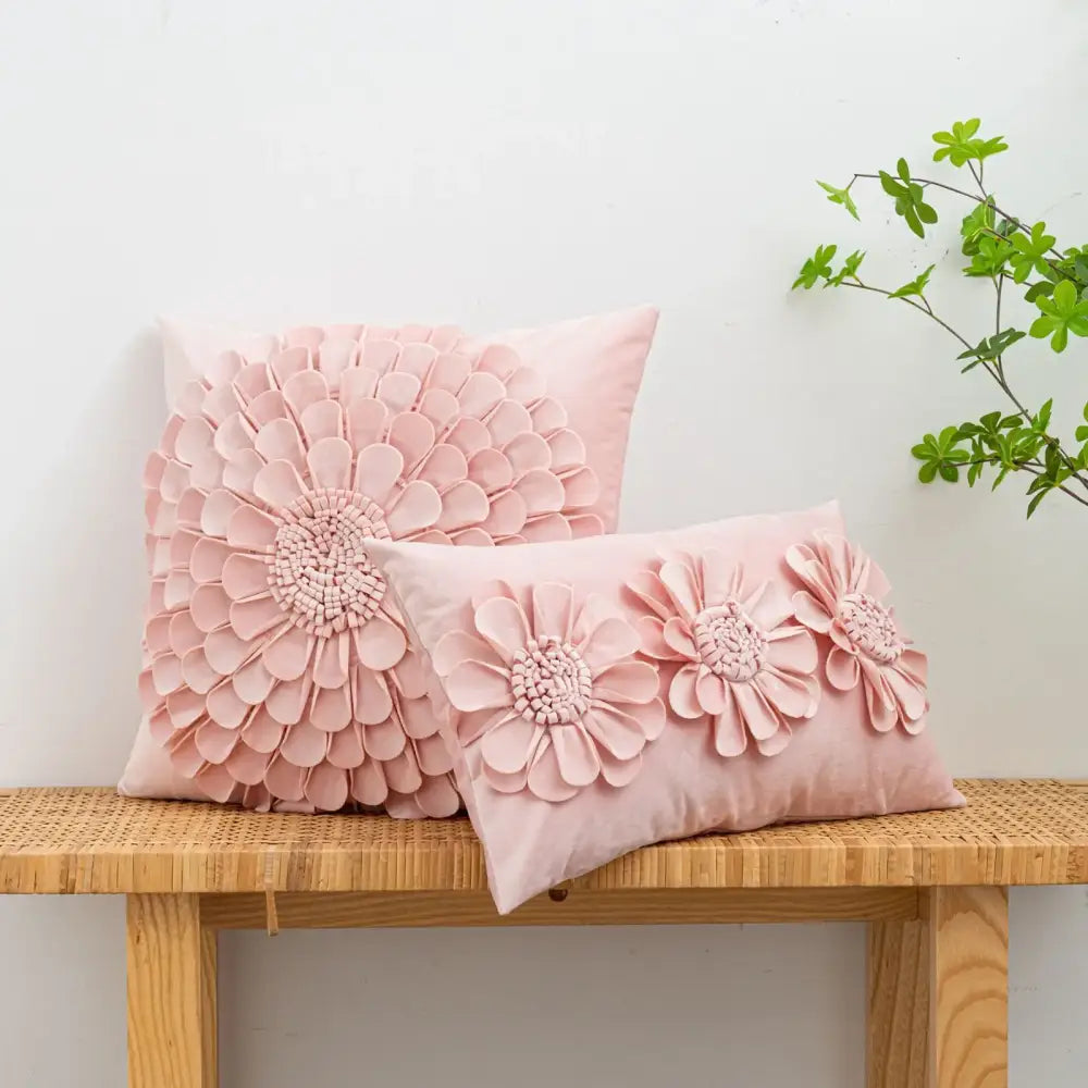 Pink velvet cushion cover with handmade decorbites 3d chrysanthemum flower appliques for living room decor