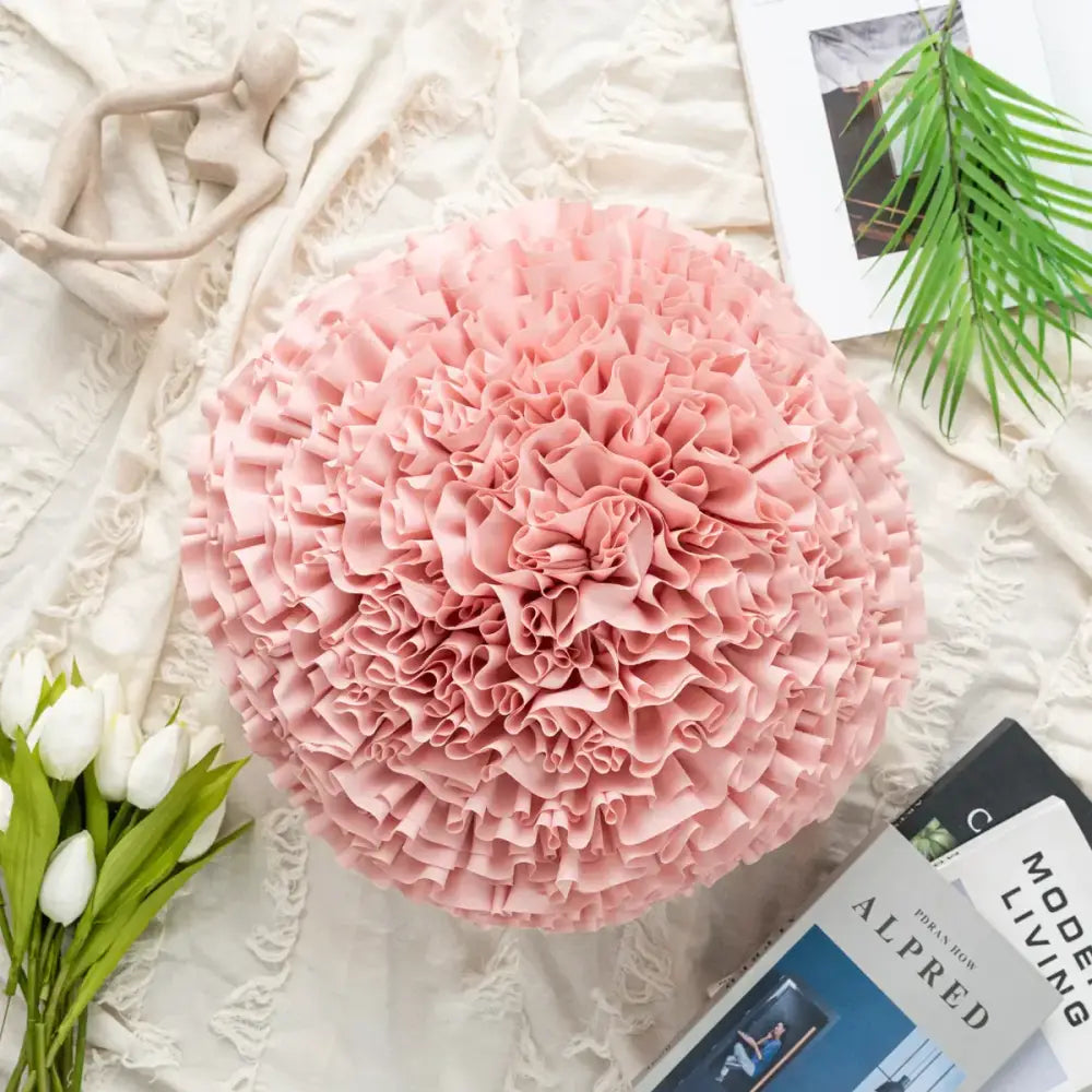 Handmade blush pink soft ruffled cushion cover featuring a decorbites 3d chrysanthemum flower design for living room decor