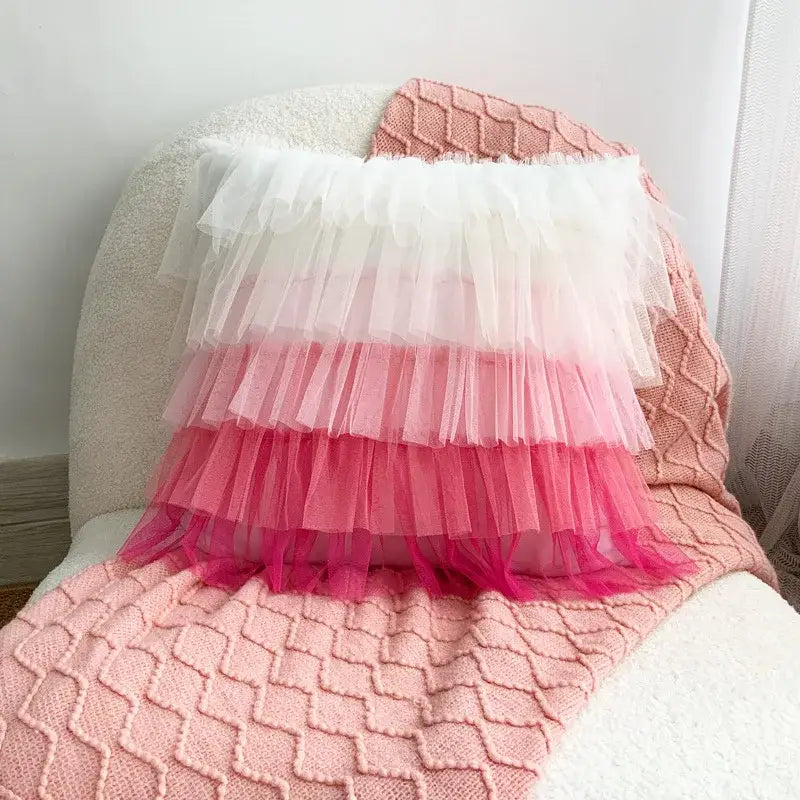Handmade decorbites 3d chrysanthemum flower cushion cover with layered white to pink tulle for living room decor