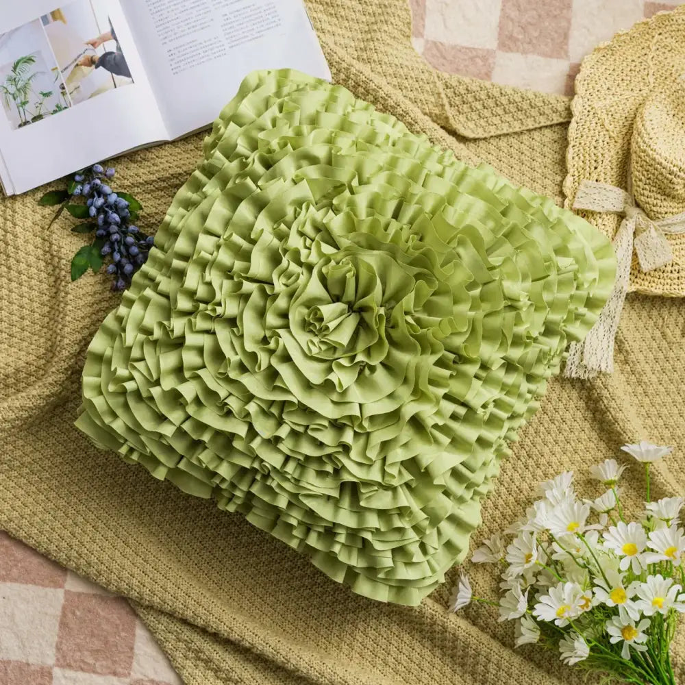 Handmade lime green cushion cover with layered ruffled fabric forming a 3d chrysanthemum flower decorbites design
