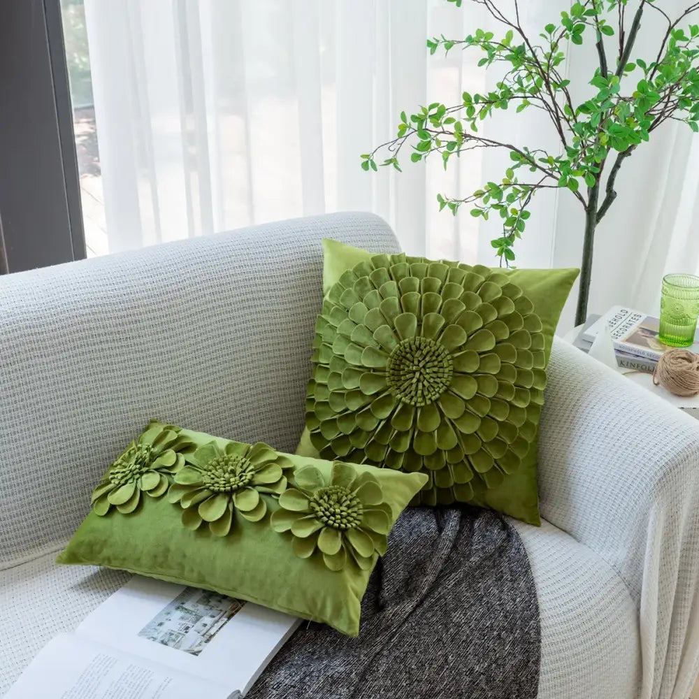 Olive green velvet chrysanthemum flower cushion cover featuring 3d floral appliqués for living room decorbites decor