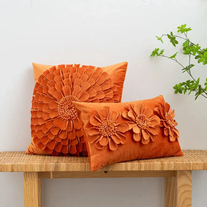 Handmade orange velvet cushion cover with decorbites 3d chrysanthemum flower appliqués for living room decor