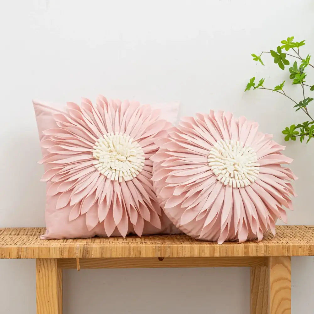 Handmade pink floral cushion cover with textured layered petals and cream center decorbites 3d chrysanthemum flower cushion