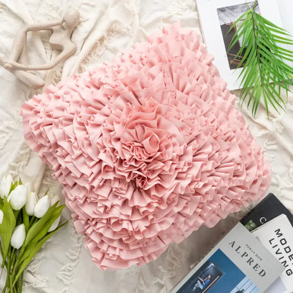 A soft pink handmade 3d chrysanthemum flower cushion cover with ruffled layered fabric for living room decorbites decor