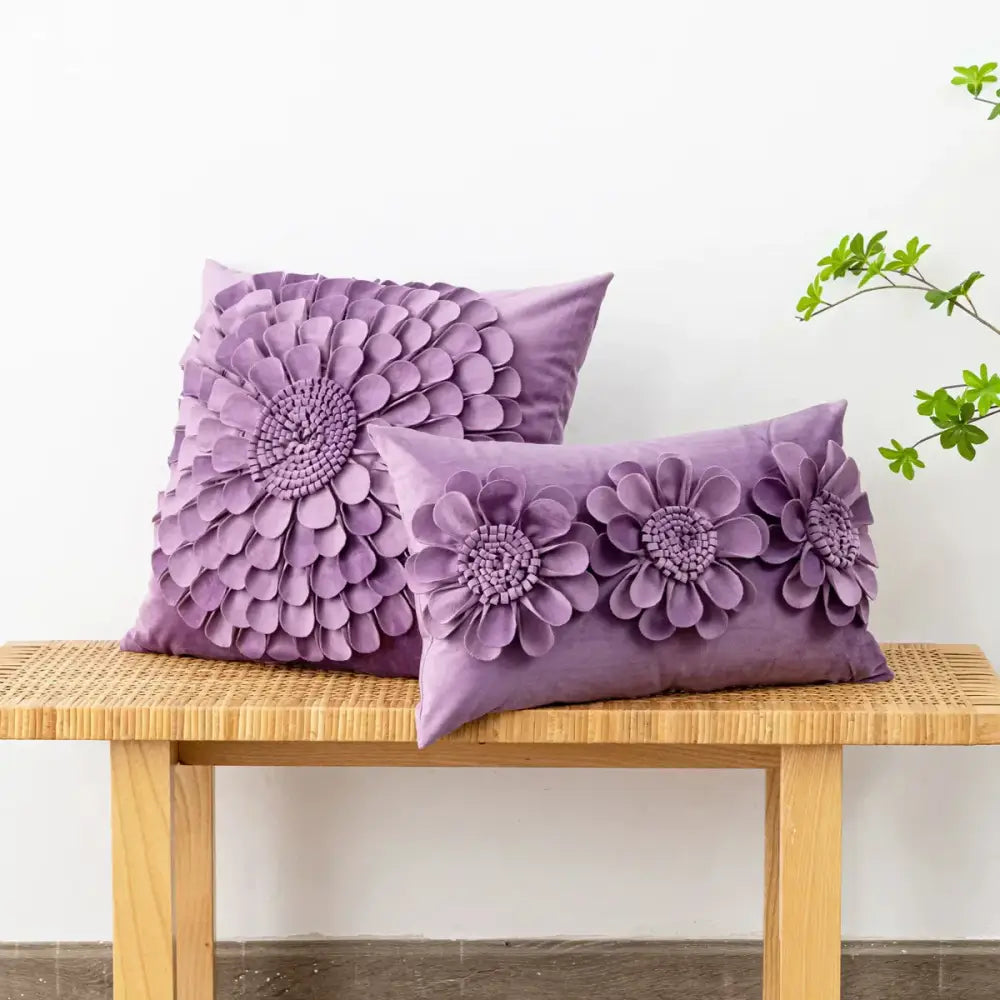 Purple velvet cushion cover with handmade 3d chrysanthemum flower appliqués for living room decorbites 3d chrysanthemum