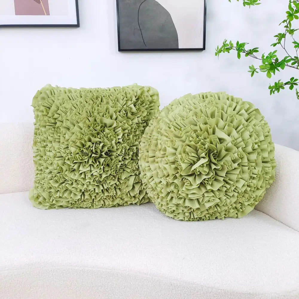 Two lime green handmade 3d chrysanthemum flower cushion covers with ruffled fabric for living room decorbites cushion cover