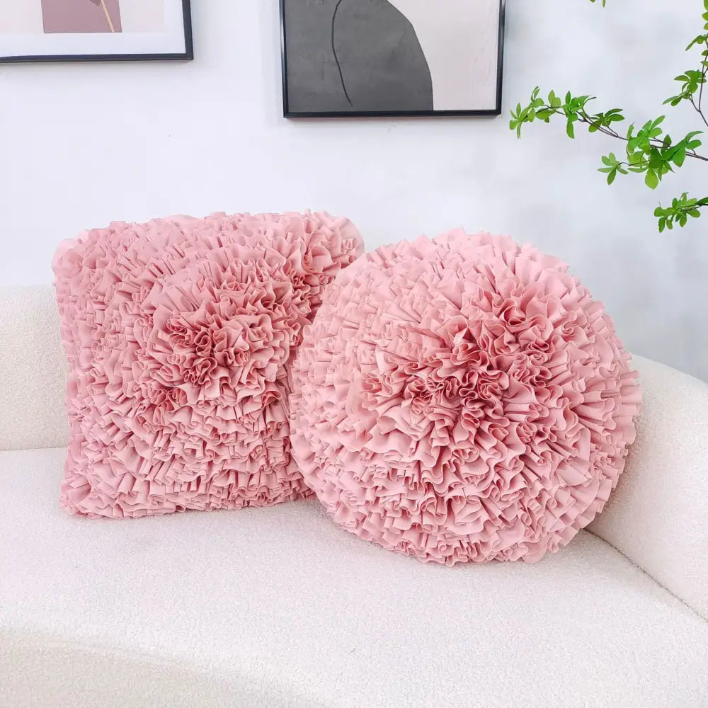 Two soft pink handmade decorbites 3d chrysanthemum flower cushion covers with ruffled textured fabric design