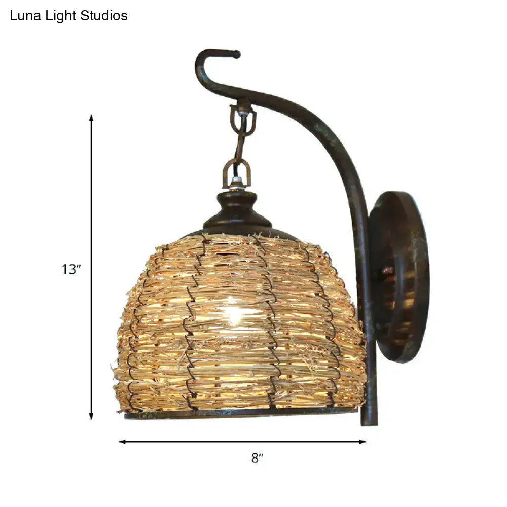 Handmade asian rattan dome wall sconce with woven natural fiber shade and dark bronze frame for bedroom fixture type wall lamp
