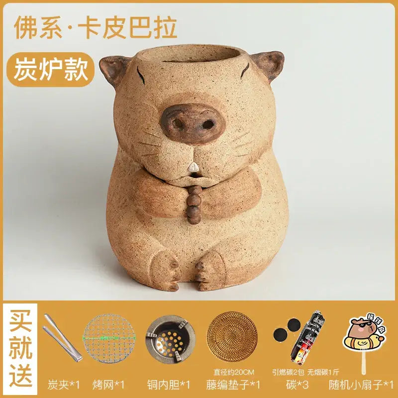 Tan ceramic pig-shaped refractory carbon oven with wooden nose and bead-like hands for oven surrounding stove use