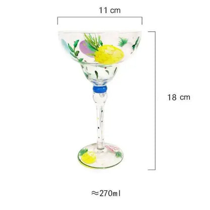 Hand-painted decorbites handmade colorful margarita glass with yellow pineapple and green leaf motifs and blue ring stem