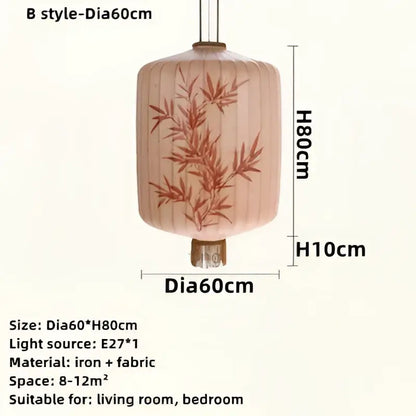 Handmade cream and peach bamboo lantern pendant with embroidered bamboo design and iron accents by decorbites bamboo lantern