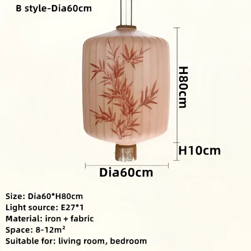 Handmade cream and peach bamboo lantern pendant with embroidered bamboo design and iron accents by decorbites bamboo lantern