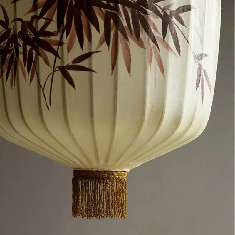 Handmade cream and peach decorbites bamboo lantern pendant with hand-painted bamboo leaves and golden tassel for dining room light