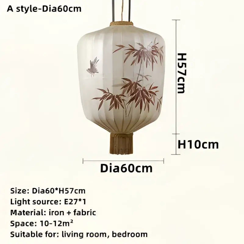 Handmade cream and peach bamboo lantern pendant with white fabric and bird motifs by decorbites bamboo lantern decor