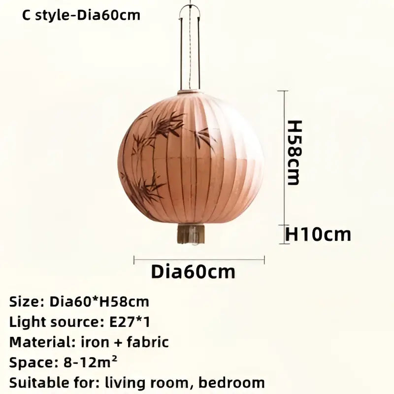 Handmade cream and peach bamboo lantern pendant with bamboo leaf patterns made of iron and fabric by decorbites bamboo lantern