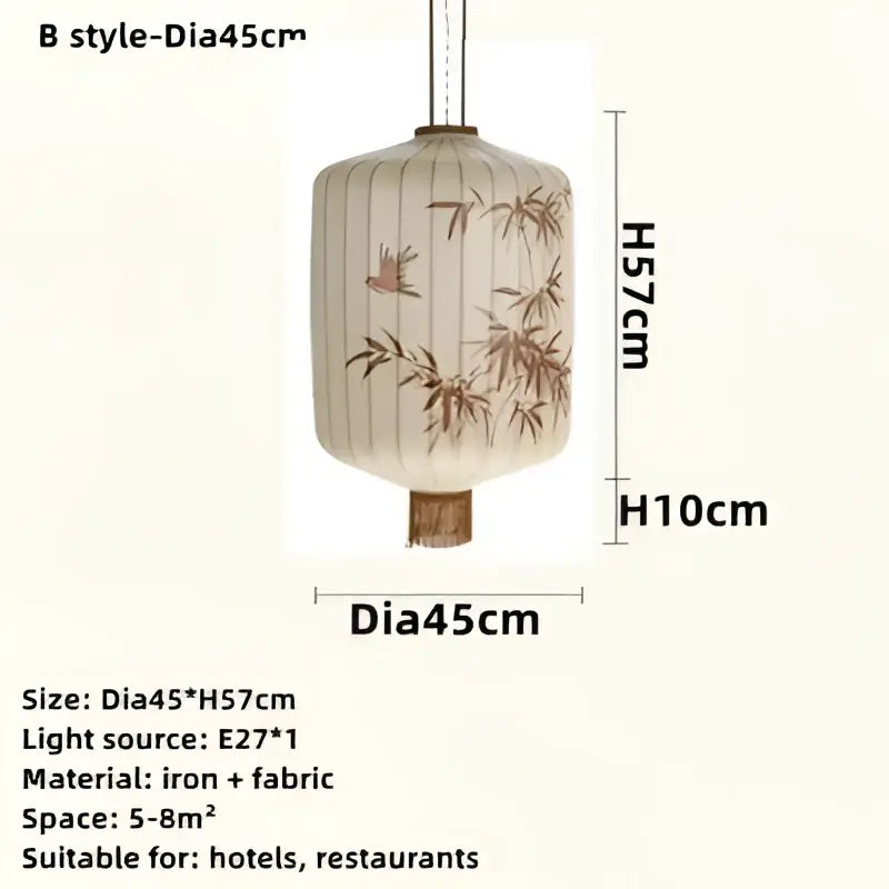 Handmade cream and peach decorbites bamboo lantern pendant made of iron and fabric with bamboo and bird motifs for dining room decor