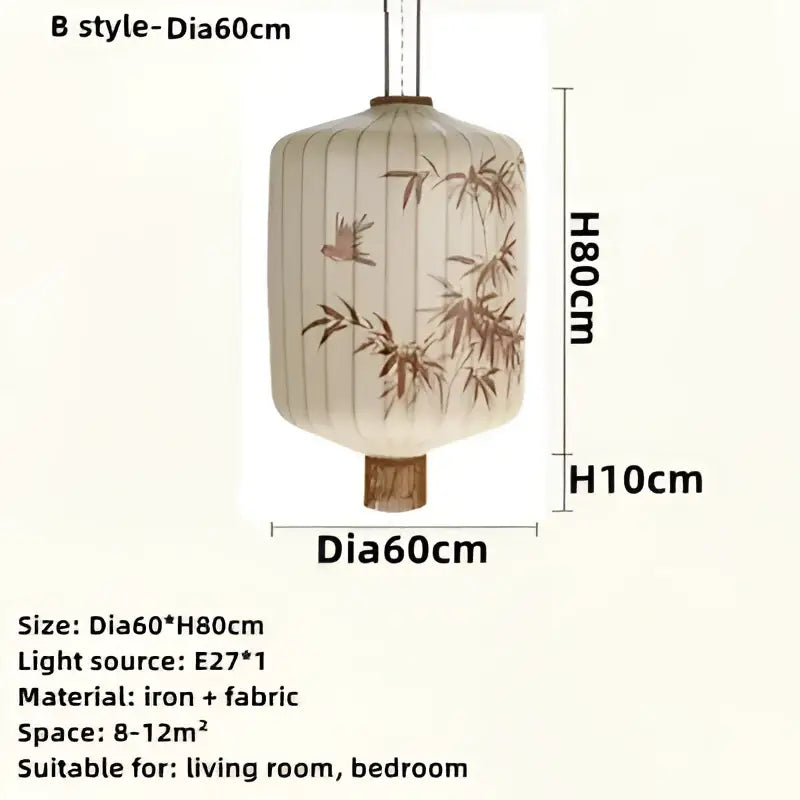 Handmade cream and peach decorbites bamboo lantern pendant made of iron and fabric with brown bamboo and bird patterns